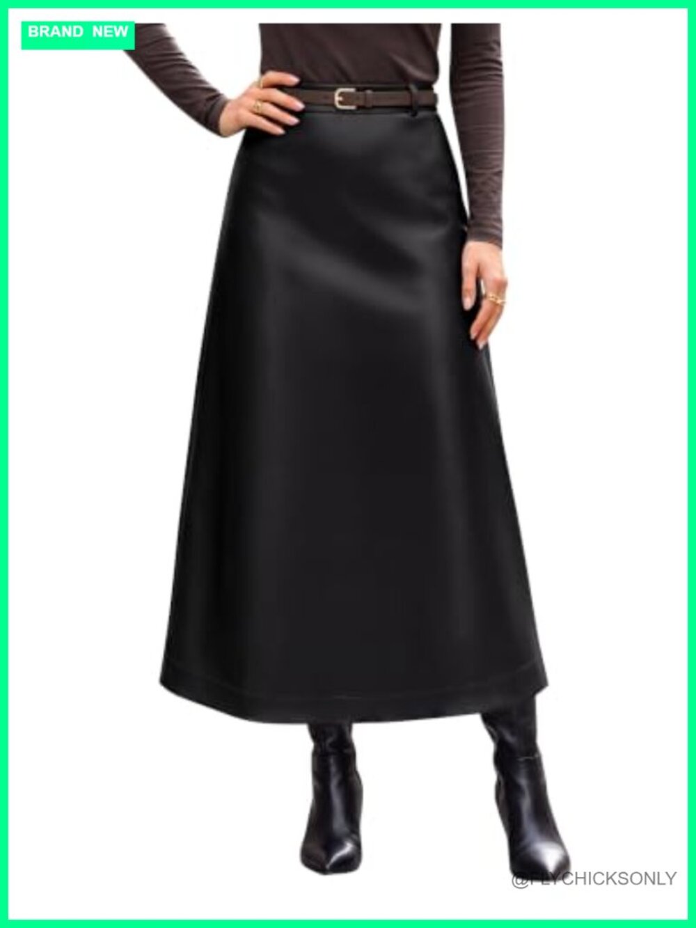 Faux Leather Midi Skirt High Waisted A-Line Back Slit